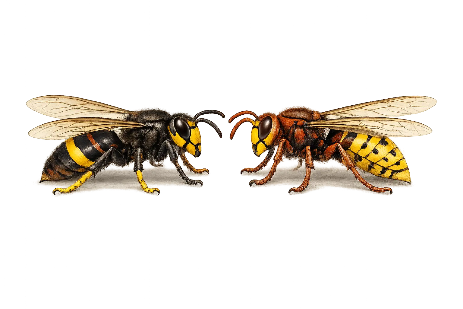 Illustration d’un frelon asiatique et d’un frelon européen face à face sur fond transparent